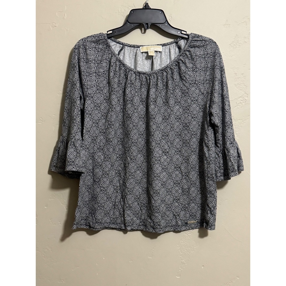 Michael Kors Top Womens M Black White Geometric 3/4 Ruffle Sleeve Blouse